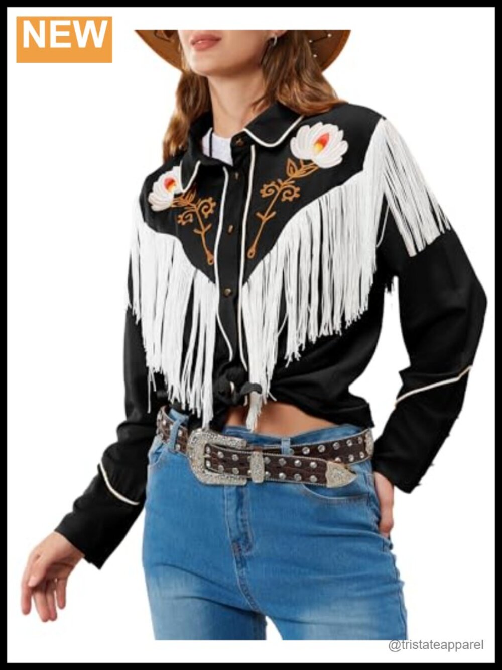 Floral Fringe Western Button Down Shirt Shotgun Cuffs Number Pockets Cowgirl